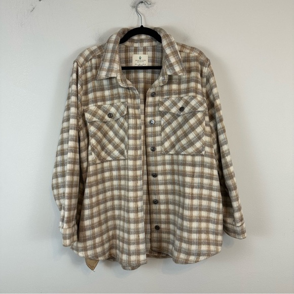 Jade & Ivory | Tan and Cream Plaid Collared Shacket Jacket Size Large - Picture 1 of 6